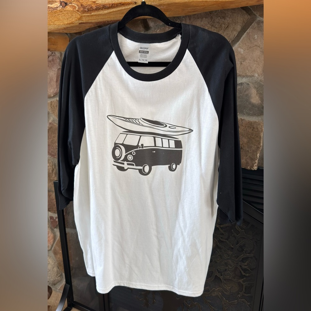 Gildan UNISEX Black and White Raglan Tee with Van and Kayak Graphic